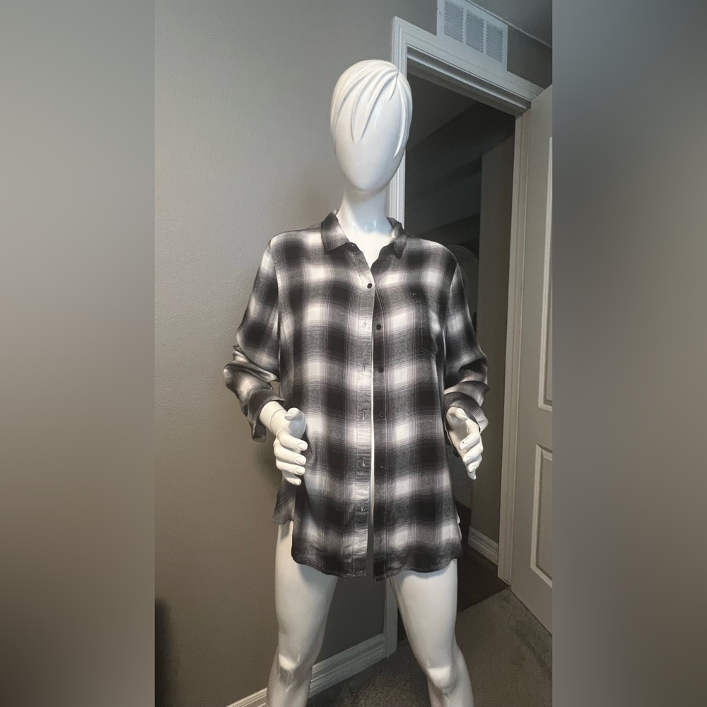 Lucky Brand Flannel Shirt Womens Black White Plaid Lightweight Viscose size XL